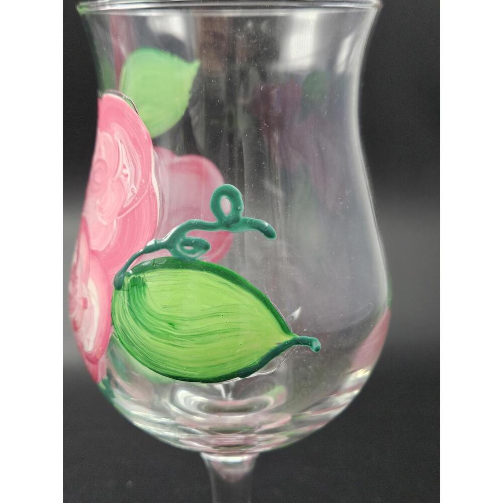 Set of 2 Vintage Hand Painted Pink Floral Wine Glasses Tulip Flared Rim 6.5" - Picture 5 of 15